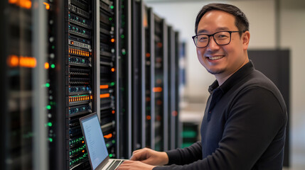 Server engineer, Caucasian IT professional admin using laptop computer doing data transfer operation with rack server cabinets in digital room of data center. Cyber security.