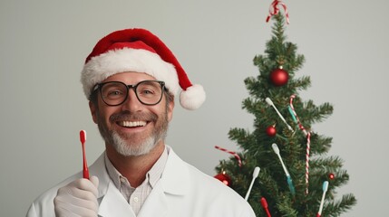 Festive dentist in santa hat with toothbrush by christmas tree for holiday season