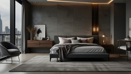 A bedroom with the elegance and versatility of a modern gray color palette. The dark textured wall creates a dramatic backdrop. The minimalist bedroom design evokes a sense of calm and sophistication.