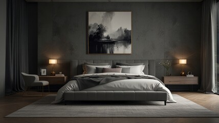 A bedroom with the elegance and versatility of a modern gray color palette. The dark textured wall creates a dramatic backdrop. The minimalist bedroom design evokes a sense of calm and sophistication.