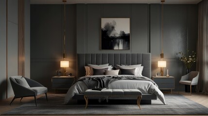 A bedroom with the elegance and versatility of a modern gray color palette. The dark textured wall creates a dramatic backdrop. The minimalist bedroom design evokes a sense of calm and sophistication.