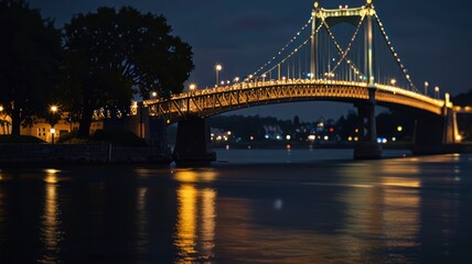 Naklejka premium A suspension bridge illuminated at night with a soft glow reflecting in the water.