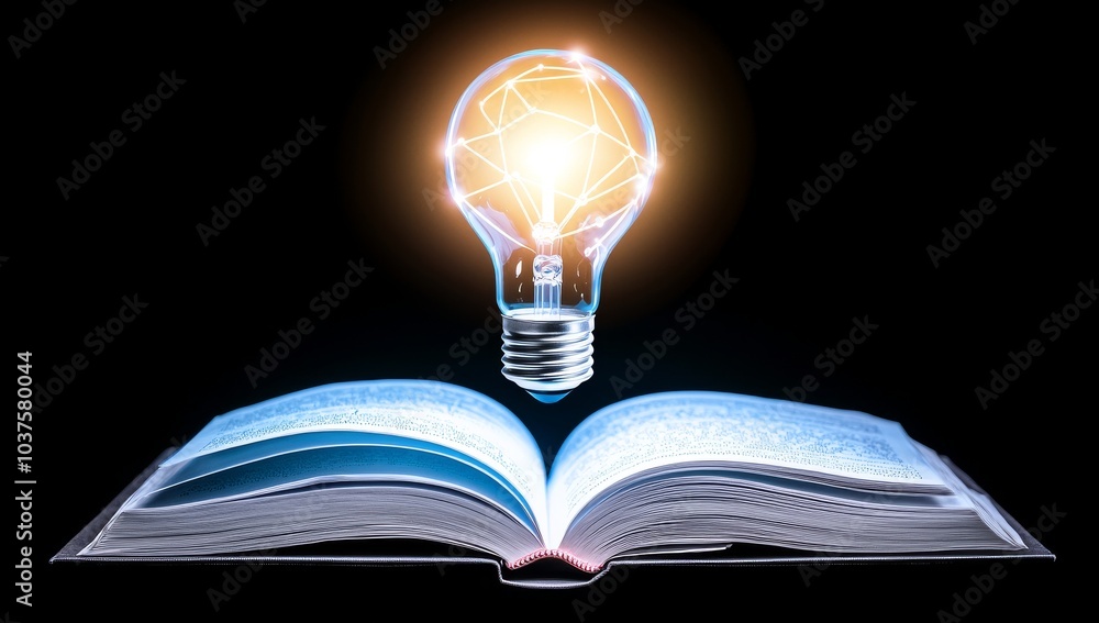 Poster the concept of a glowing light bulb on a book, practical knowledge and innovative business ideas, in