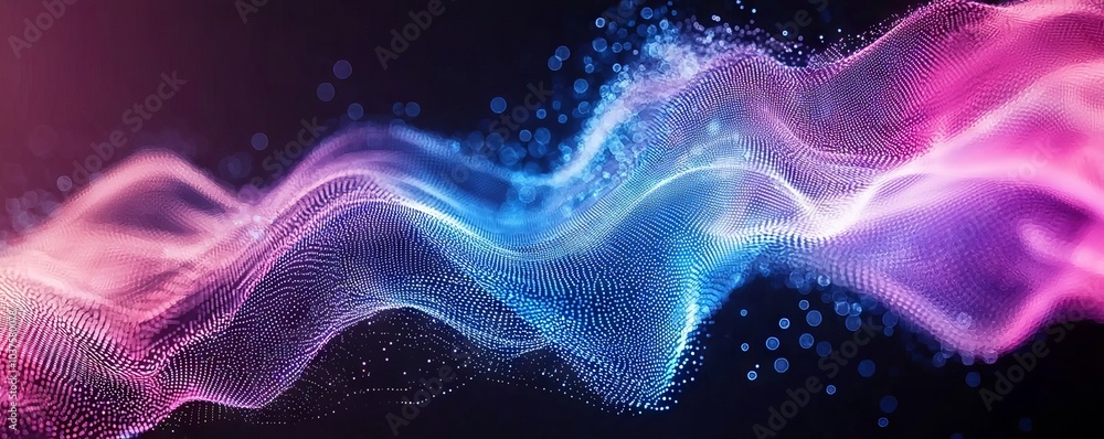 Poster a 3d rendering of a futuristic wave with moving dots. flow of colored particles. illustration of cyb