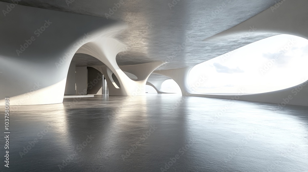 Poster futuristic architecture design featuring an abstract style with a concrete flooring surface in a thr