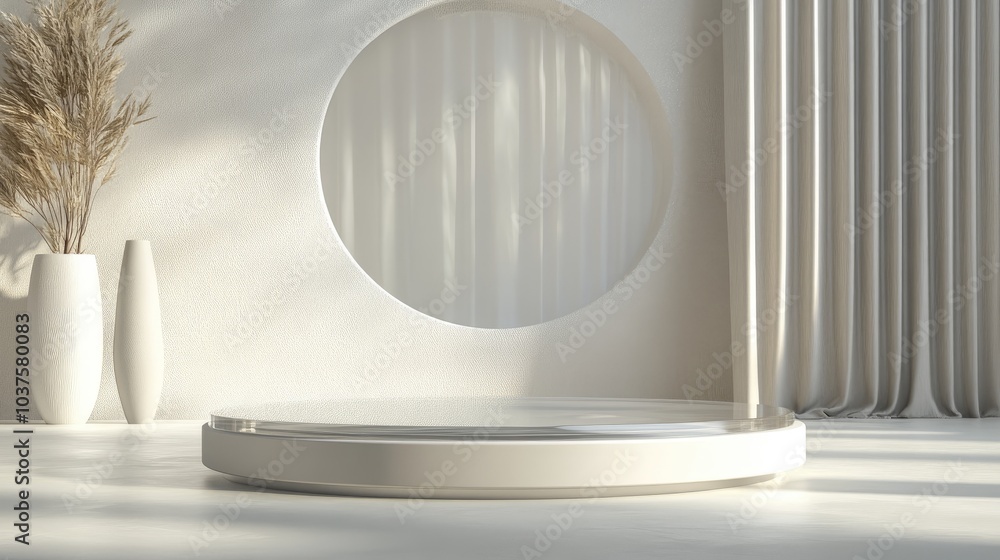 Aufkleber crystal glass podium with a round 3d display stand and a presentation platform in the background