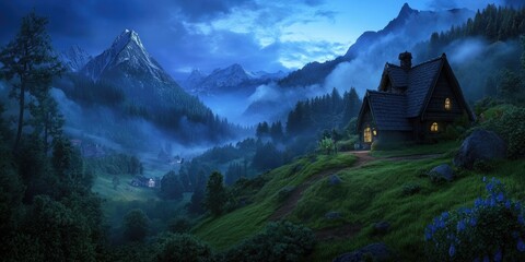 A scenic valley featuring misty alpine peaks, charming homes, and lush forests, capturing a romantic essence of comfort and nature, Misty Alpine Valley with Charming Homes and Lush Forests