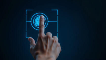 Close-up of a hand accessing digital security system through fingerprint scanning. Represents technology, innovation, and biometric identification in modern security applications.


