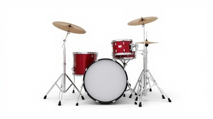A vibrant red drum set positioned on a white surface, showcasing its gleaming chrome hardware and inviting musicians for a creative session