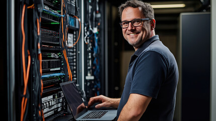 Server engineer, Caucasian IT professional admin using laptop computer doing data transfer operation with rack server cabinets in digital room of data center. Cyber security.