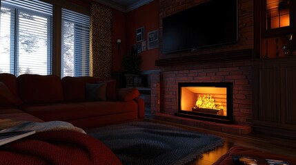 Cozy living room featuring a comfortable couch with a fireplace and television all rendered in 3D design enhancing the spaciousness of a modern luxury home