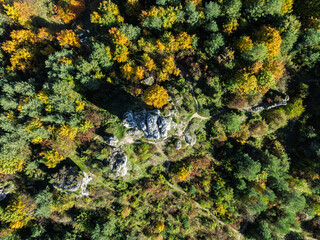Aerial drone view of Rzedkowice limstone Rocks.Group of rocks in Rzedkowice town. Jurassic limstone...