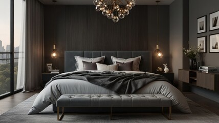 A bedroom with the elegance and versatility of a modern gray color palette. The dark textured wall creates a dramatic backdrop. The minimalist bedroom design evokes a sense of calm and sophistication.
