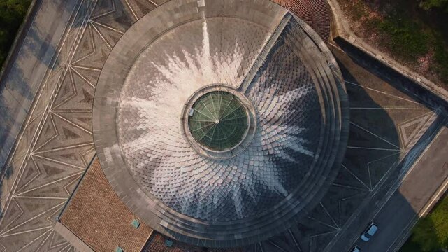 Top down view of a temple dome, neoclassical architecture and art. Aerial view of Canovian temple of Possagno, Italy.
