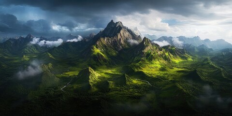 Aerial view of a majestic mountain range, showcasing its dramatic peaks and valleys, capturing the beauty of nature from above