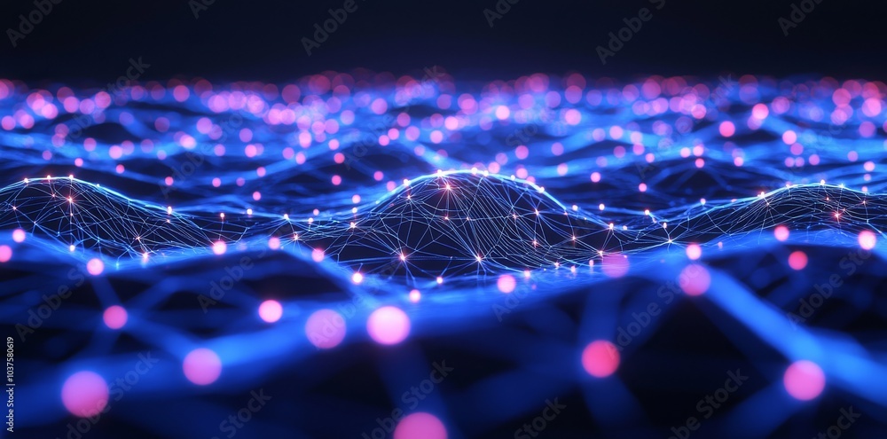 Poster this is a 3d illustration of a neural network. networks are made up of pixels. big data security and