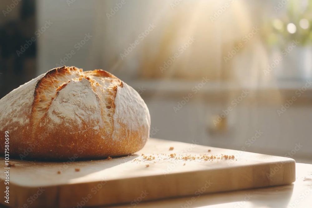 Wall mural a freshly baked loaf of bread on a wooden cutting board.