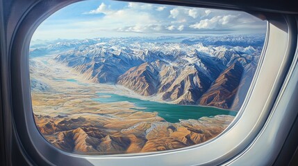Naklejka premium Oil painting depicting a stunning landscape view from an aircraft window showcasing natural beauty and scenic elements