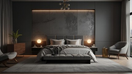 A bedroom with the elegance and versatility of a modern gray color palette. The dark textured wall creates a dramatic backdrop. The minimalist bedroom design evokes a sense of calm and sophistication.