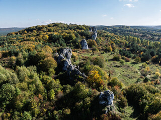 Aerial drone view of Rzedkowice limstone Rocks.Group of rocks in Rzedkowice town. Jurassic limstone...
