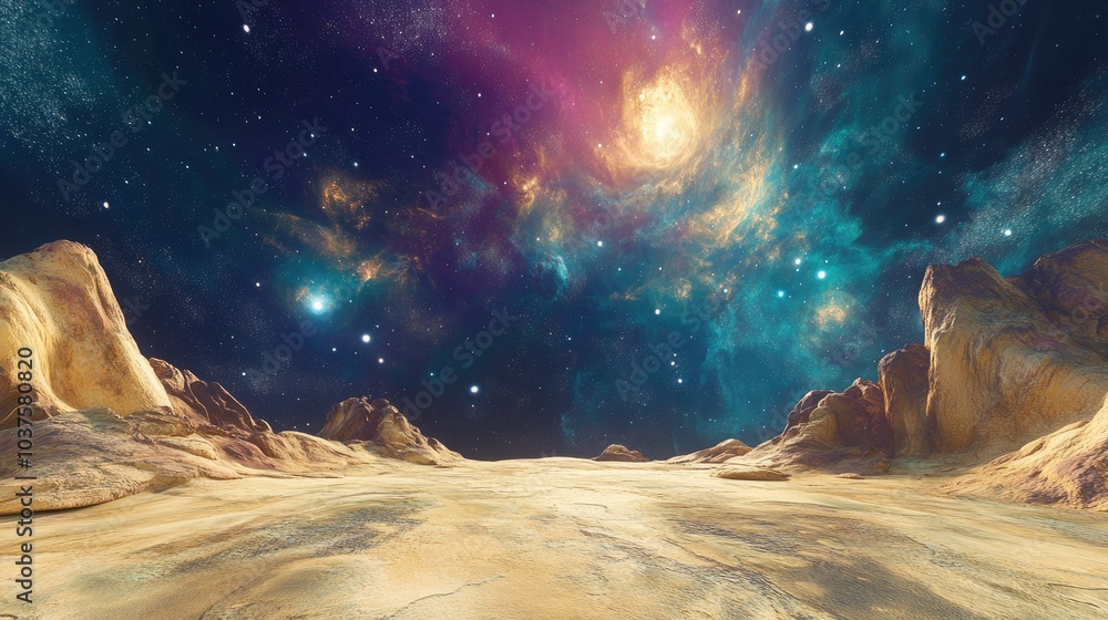 Poster 360 degree nebula panorama in a 3d cartoon rendering featuring an equirectangular projection and env