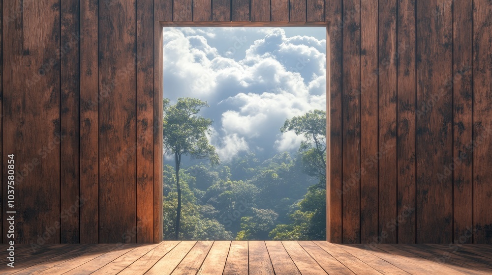 Aufkleber 3d rendering of a wooden wall featuring a window overlooking a forest with clouds