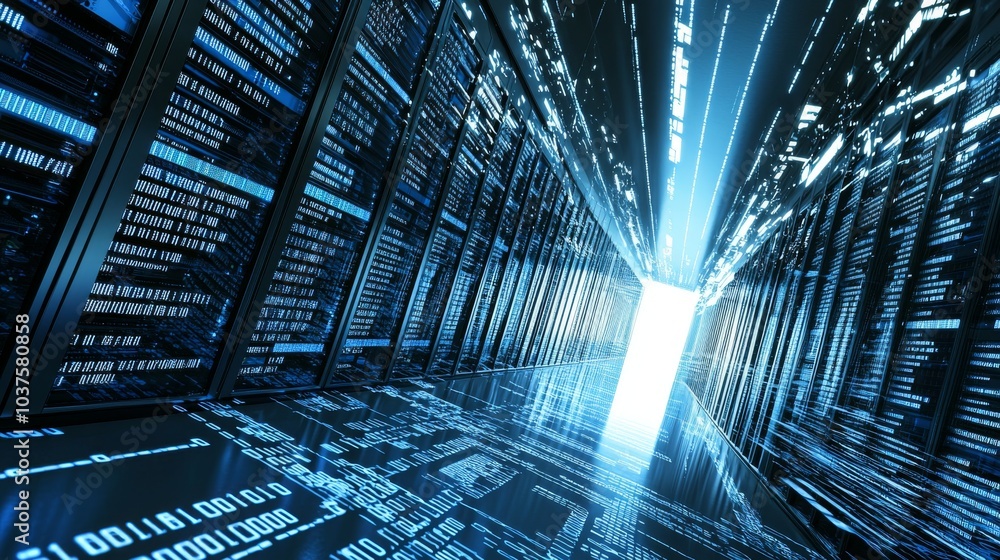 Poster modern telecommunication, rack servers and supercomputers in a working data center, 3d rendering, co