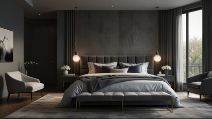 A bedroom with the elegance and versatility of a modern gray color palette. The dark textured wall creates a dramatic backdrop. The minimalist bedroom design evokes a sense of calm and sophistication.