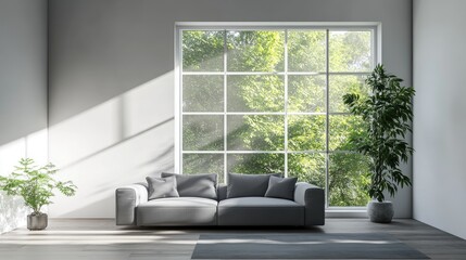 Fototapeta premium 3D rendering of a bright living room featuring comfortable grey sofas by a large window