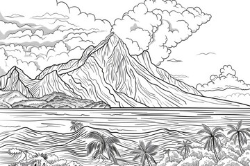 Coloring book illustration of a volcanic mountain range by the seaside under a bright sky