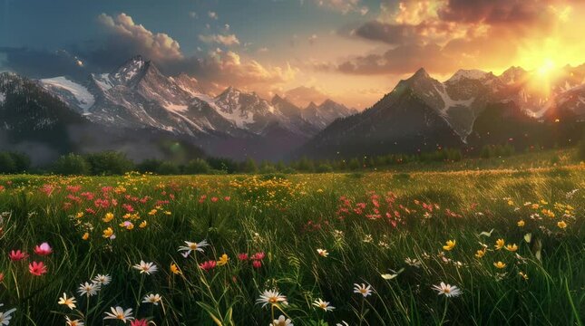 Vibrant flower field in a valley by mountains, bathed in the soft glow of an evening sky, creating a peaceful and serene landscape
Seamless looping 4k time-lapse virtual video animation Generated AI