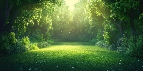 Fototapeta premium Scenic view of a tranquil forest park surrounded by lush greenery, Peaceful forest park with abundant greenery