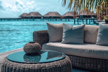 Obraz premium Island retreat: villa on island, a luxurious escape turquoise waters and serene landscapes, comfort meets natural beauty in a private paradise, relaxation and exclusivity
