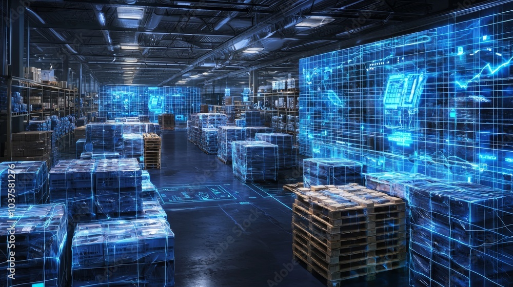 Poster a digital warehouse with grids connected to a barcode scanner. generative stock