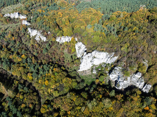 Aerial drone view of Rzedkowice limstone Rocks.Group of rocks in Rzedkowice town. Jurassic limstone...