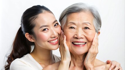 Close-up portrait of happy young Asian woman looking at camera touching face of 25 year old elderly lady isolated on white. Ads for eye lifting anti wrinkle skin care cream.
