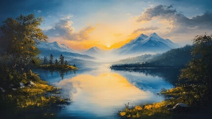 Fototapeta premium Oil painting depicting a stunning mountain landscape with reflections on a serene lake at dawn under a twilight sky capturing the essence of nature and camping adventures