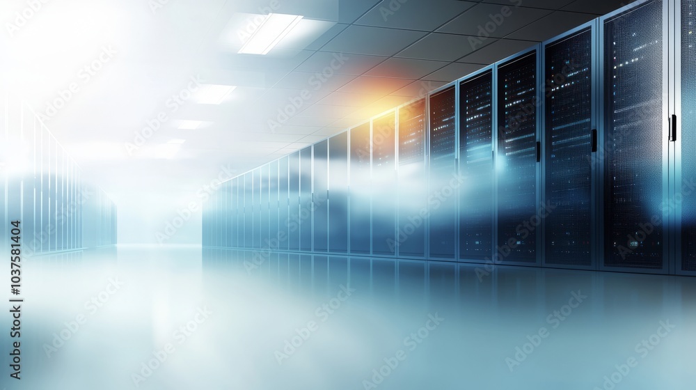 Poster Image of a working data center corridor with rack servers and supercomputers, showing high-quality projections of the internet.