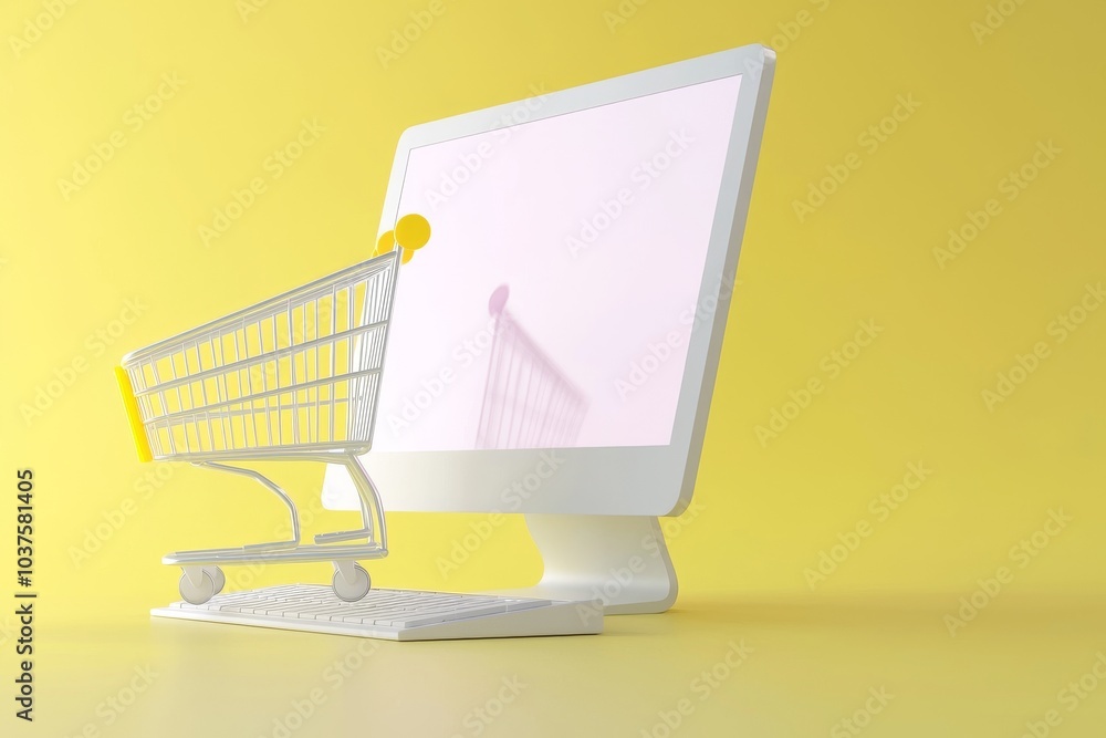 Poster web or mobile application e-commerce concept. computer laptop with shopping cart on yellow backgroun