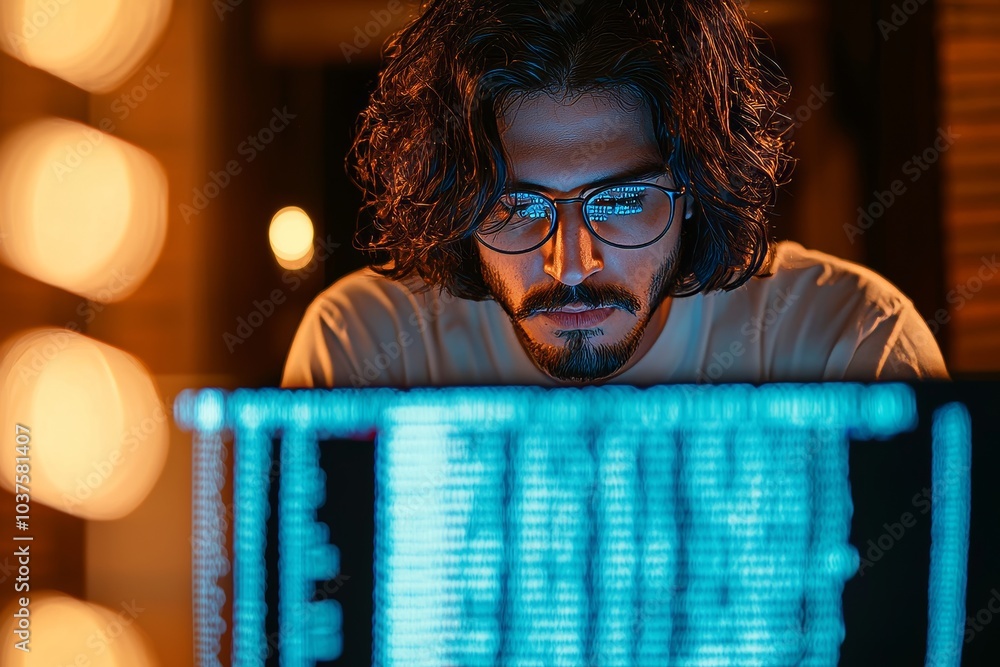 Poster working on a futuristic transparent computer in digital identity cyber security data center with gla