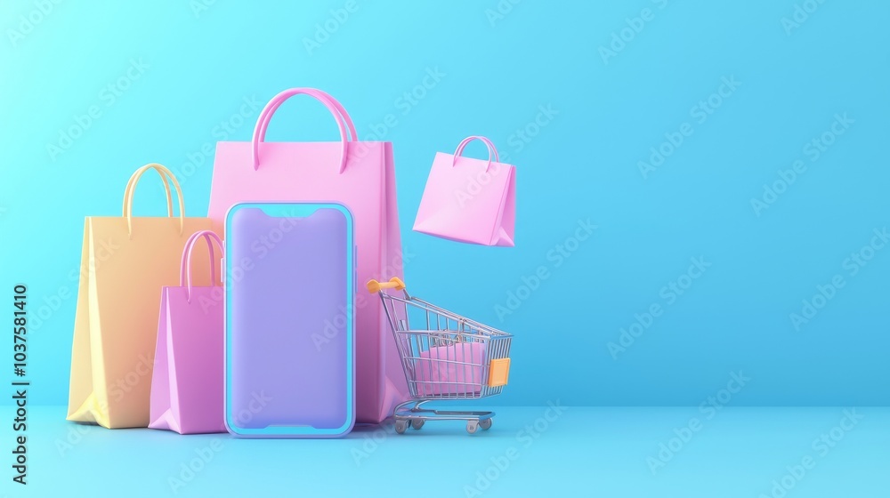 Poster an online shopping application on a mobile phone with a shopping bag and a cart isolated on white ba