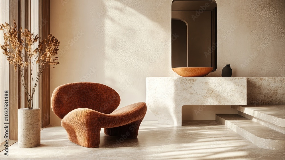 Aufkleber dynamic interior featuring smooth brown objects in a 3d illustration and rendering