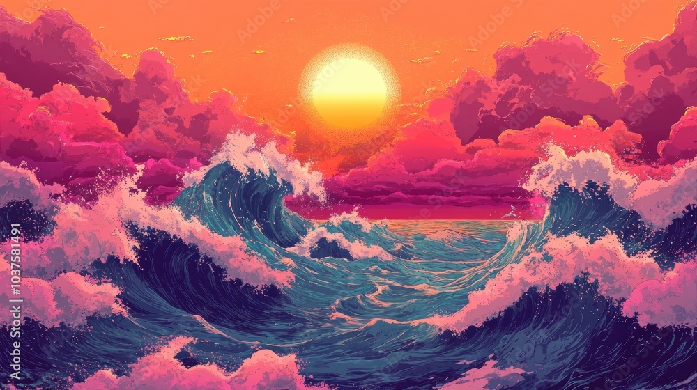 Poster 2d cartoon illustration depicting sea waves and the sun utilizing a noise pattern and pointillism st