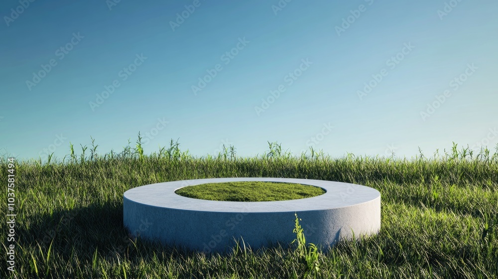 Poster fantasy 3d rendering of a circular podium set in a grassy field featuring a round soil cross section