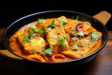 This mouthwatering fish curry is bursting with flavor showcasing tender fish pieces simmered in a rich aromatic sauce garnished with fresh herbs