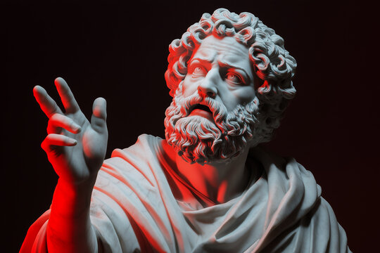 statue of Socrates, Plato, Aristotle, Pericles, Alexander the Great, Zeus, Heraclito in black background