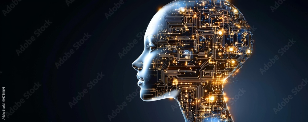Poster humanoid cybergirl stock learns to analyse big data with a neural network.