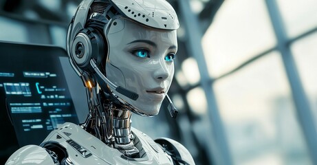 Fototapeta premium Maschine typing on keyboard in office. Many people in the office. Future IT team. Futuristic worker. Humanoid in call center. Support job. Technology concept.