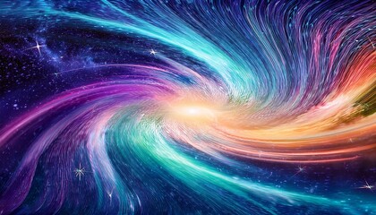 Galactic Aurora Detonation Imagine a cosmic scene where a burst of aurora-like ribbons—teal, magenta, and golden yellow—erupts from a small, swirling galaxy at the center.