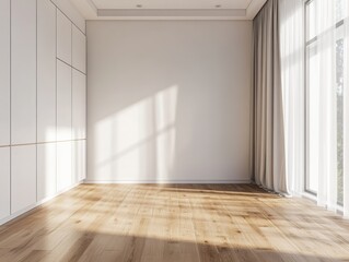 A large empty room with white walls and wooden floors